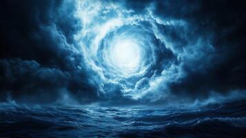 dramatic scene of swirling dark clouds above turbulent ocean, illuminated by bright light at center, creating mystical and intense atmosphere photo