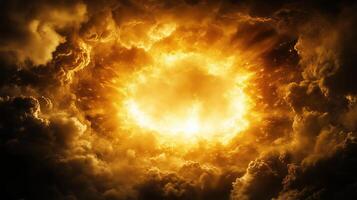 dramatic explosion of fiery orange and yellow light bursts through dark, swirling clouds, creating powerful and intense atmosphere. scene evokes feelings of awe and chaos photo