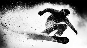 Snowboarder performing dynamic trick in mid air, surrounded by spray of snow. black and white contrast highlights action and intensity of sport photo