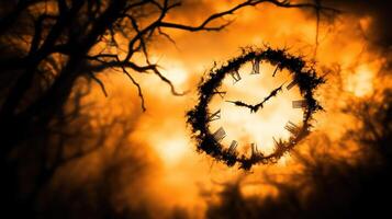 mystical clock surrounded by dark, twisted branches creates eerie atmosphere, evoking feelings of mystery and times passage in haunting landscape photo