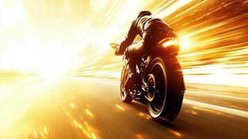 motorcyclist speeds down vibrant road, surrounded by dynamic light trails that evoke sense of exhilaration and freedom. powerful machine and bright backdrop create energetic atmosphere photo