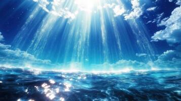 Breathtaking ocean view with sunlight streaming through clouds, creating serene atmosphere. shimmering water reflects vibrant blue sky, evoking sense of tranquility and peace photo