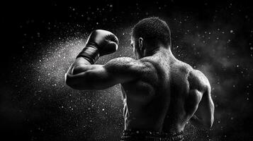 powerful boxer stands in dramatic pose, showcasing his muscular back and arm, with sweat glistening in air. intense atmosphere highlights his strength and determination photo