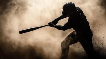 baseball player swings bat in dramatic, smoky atmosphere, capturing intensity of game. silhouette emphasizes strength and focus photo
