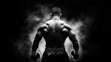 powerful boxer stands confidently in dramatic black and white setting, showcasing strong muscles and determination. atmosphere is charged with intensity and focus photo