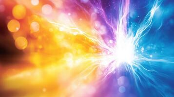Vibrant colors blend seamlessly in this abstract image, showcasing dynamic explosion of energy with hues of orange, purple, and blue. luminous effect creates sense of movement and excitement photo