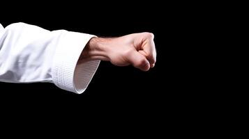 strong fist is raised, showcasing determination and strength, symbolizing martial arts or self defense. focus on hand emphasizes power and readiness photo
