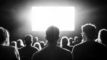 audience watches bright screen in darkened room, creating captivating atmosphere of anticipation and engagement photo