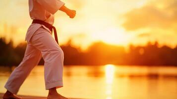 martial artist in white uniform practices kata at sunset, showcasing strength and focus against serene backdrop. warm colors of sunset enhance tranquil atmosphere photo