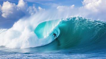 surfer rides massive wave, showcasing thrill of surfing in vibrant ocean setting. powerful water creates stunning backdrop, highlighting beauty of nature and excitement of sport photo