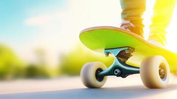 Skateboard wheels rolling on sunny day, capturing thrill of skating. vibrant colors and dynamic motion evoke sense of freedom and adventure photo