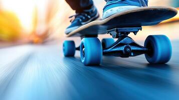 Skateboarder riding on smooth surface, showcasing speed and motion. dynamic blur emphasizes thrill of skating, capturing essence of urban sports photo