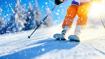 skier in bright orange pants glides down snowy slope, surrounded by winter wonderland. sun shines brightly, creating magical atmosphere with falling snowflakes photo