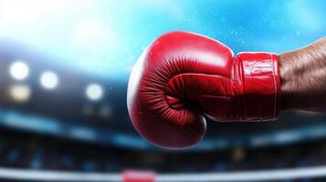 close up of red boxing glove, symbolizing strength and determination, set against blurred background of boxing arena. vibrant colors and dynamic lighting evoke excitement and anticipation photo