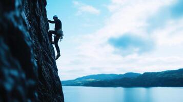 climber ascends rocky cliff against serene backdrop of water and hills, showcasing determination and adventure photo