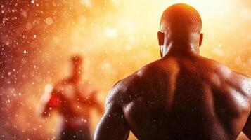 powerful athlete stands in focus, showcasing muscular back, with blurred figure in background, creating intense atmosphere. scene is illuminated by warm light, enhancing dramatic effect photo
