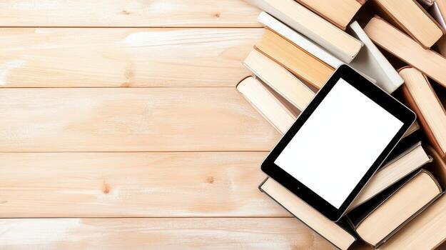 Digital reading meets traditional literature in this image, showcasing e reader placed on stack of books against wooden background. contrast highlights evolution of reading photo