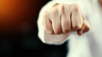 close up of clenched fist, symbolizing strength and determination, set against blurred background. image conveys sense of empowerment and assertiveness photo