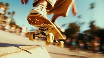 Skateboarder performing trick in vibrant skate park, showcasing dynamic movement and energy. blurred background emphasizes action and excitement of skateboarding photo