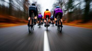 dynamic group of cyclists riding on blurred road, showcasing motion and speed in vibrant autumn setting. colorful jerseys add energy to scene photo