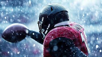 Intense action unfolds as football player in red jersey throws pass amidst snowstorm, showcasing determination and skill in challenging weather conditions photo