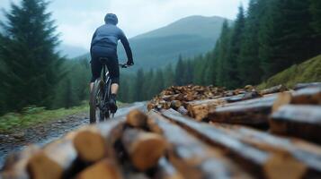 cyclist rides through misty forest trail, surrounded by stacked logs and lush greenery. serene atmosphere evokes sense of adventure and connection with nature photo
