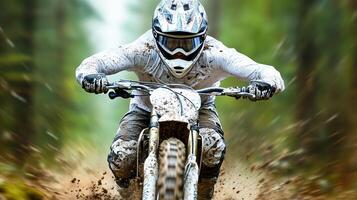 motocross rider speeds through muddy trail, showcasing intense focus and determination. dynamic motion captures thrill of off road biking in natural setting photo