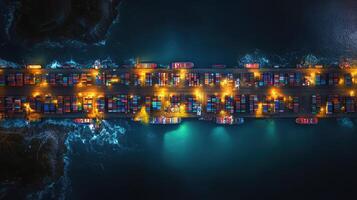 Aerial view of busy container shipping port at night, showcasing colorful cargo containers and illuminated vessels. scene captures vibrant activity and logistics of maritime trade photo