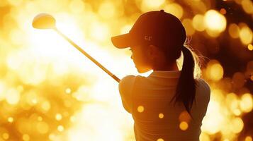 golfer swings club against bright, golden background, capturing essence of focus and determination. warm glow enhances atmosphere, creating vibrant scene photo