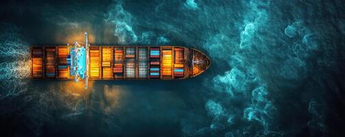 Aerial view of large container ship navigating through vibrant blue waters, showcasing colorful cargo containers and illuminated by ship lights, creating striking visual contrast photo