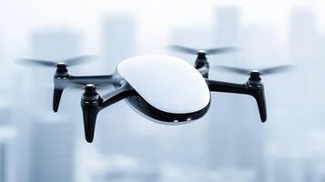 sleek, modern drone hovers in air against blurred cityscape background, showcasing its advanced design and technology. drones propellers spin rapidly, emphasizing its functionality and innovation photo