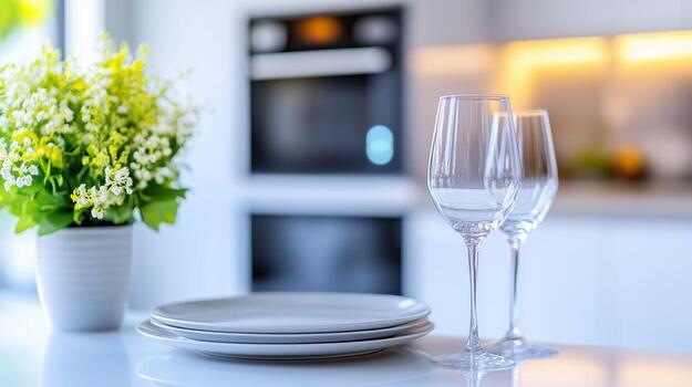 hermosamente arreglado cocina escena presentando elegante cristalería y limpiar platos, complementado por vibrante flor acuerdo. esta ajuste evoca sentido de calor y hospitalidad foto