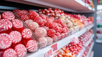 Delight in colorful array of candies displayed on shelves, featuring vibrant red, white, and pastel hues. sugary treats evoke sense of joy and nostalgia photo