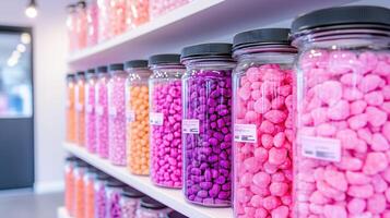 Colorful jars filled with vibrant candy in various shades, creating cheerful and inviting atmosphere. display showcases delightful assortment of sweets, perfect for any candy lover photo