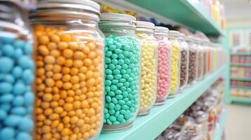 Colorful jars filled with various candies line shelf in sweet shop, creating vibrant and inviting atmosphere. assortment includes shades of orange, turquoise, yellow, pink, and brown, appealing to photo