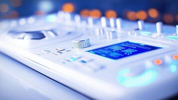 close up view of modern music production device, showcasing its sleek design and illuminated controls. vibrant colors and intricate details highlight technology used in music creation photo