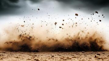Dust and debris rise dramatically from ground, creating powerful visual effect against dark, stormy sky. scene captures raw energy of nature and evokes sense of movement and chaos photo