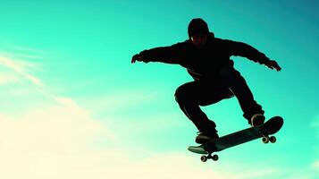 skateboarder performs jump against vibrant sky, showcasing skill and energy. silhouette captures dynamic movement and excitement of skateboarding photo