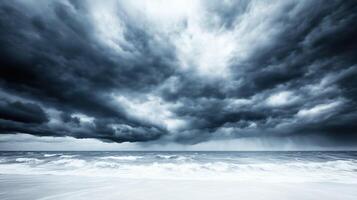 Dramatic storm clouds gather over turbulent ocean, creating moody and intense atmosphere. waves crash against shore, enhancing sense of natures power and unpredictability photo