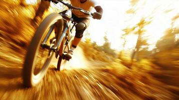 mountain biker rides swiftly through sunlit forest trail, surrounded by golden autumn foliage, capturing thrill of adventure and speed photo