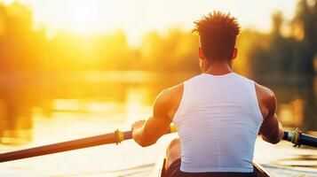 man rows boat on tranquil lake during sunset, showcasing strength and determination. warm sunlight reflects on water, creating serene atmosphere photo