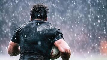 rugby player runs through heavy rain, showcasing determination and strength. intense atmosphere highlights challenges faced in sport, emphasizing resilience and passion photo