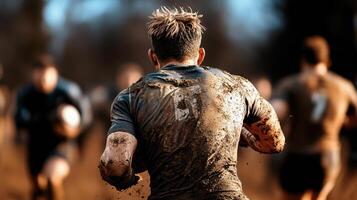 rugby player covered in mud runs energetically on field, showcasing determination and strength. dynamic scene captures intensity of game and spirit of teamwork photo