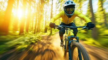 cyclist in yellow jersey rides swiftly through sunlit forest trail, showcasing speed and adventure. vibrant greenery and motion blur enhance dynamic atmosphere photo