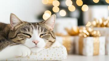 relaxed cat rests on beautifully wrapped gift, surrounded by festive decorations and soft bokeh lights, creating cozy holiday atmosphere photo