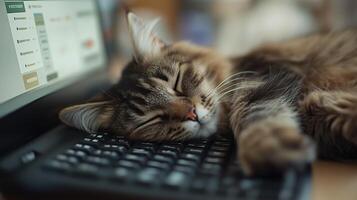sleeping cat rests on keyboard, showcasing its peaceful demeanor and soft fur. cozy scene captures moment of tranquility in workspace photo