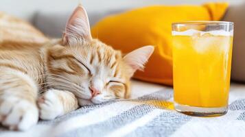 relaxed orange tabby cat peacefully sleeps beside refreshing glass of orange juice on cozy blanket. warm colors create serene atmosphere photo