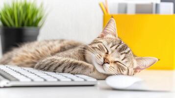 peaceful tabby cat sleeping on desk next to computer keyboard and mouse, surrounded by vibrant yellow container and green plant, creating cozy workspace atmosphere photo