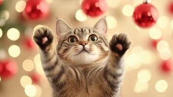 playful cat reaching for red ornaments, surrounded by festive lights, exuding joy and curiosity during holiday season photo