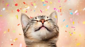 joyful cat with closed eyes surrounded by colorful confetti, expressing happiness and celebration. This captures delightful moment of feline joy photo